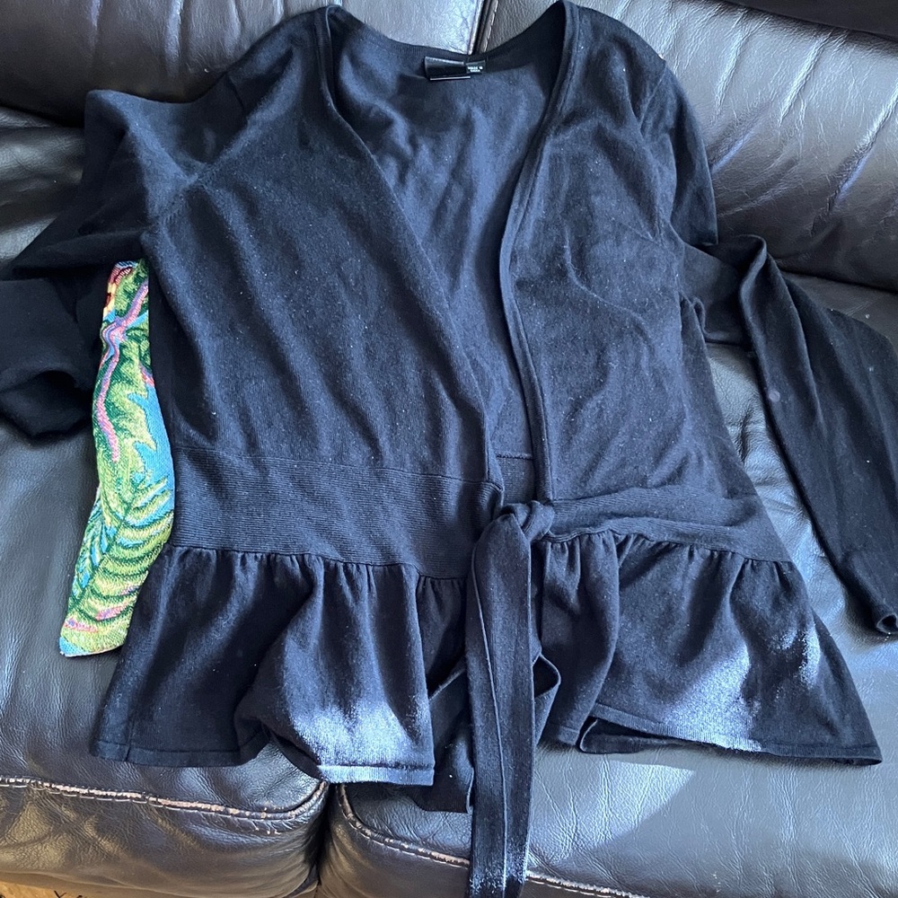 OXMO black cardigan sweater XL with ruffled bottom and tie front